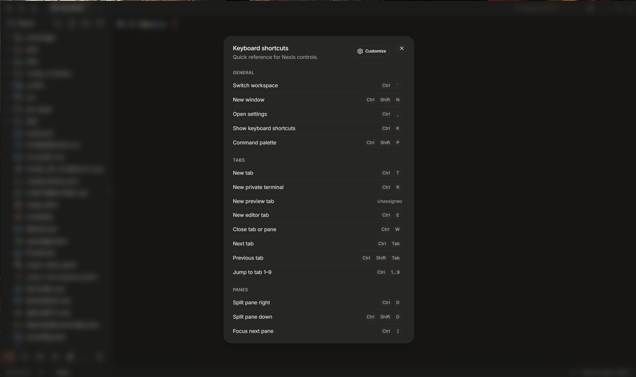 Nexis — Keyboard shortcuts