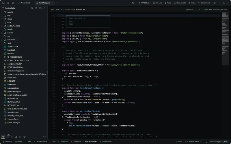 Nexis code editor with a TypeScript file, project explorer, terminal tab, and workbench tools.
