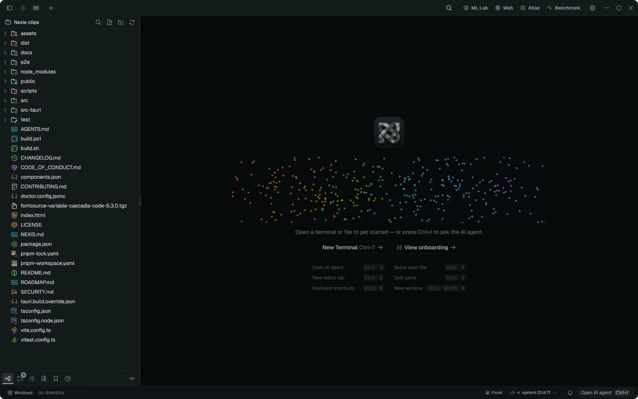 A 26-second loop recorded live from the app: the welcome screen, Spotlight, the terminal, the AI agent, Documents and theme switching.